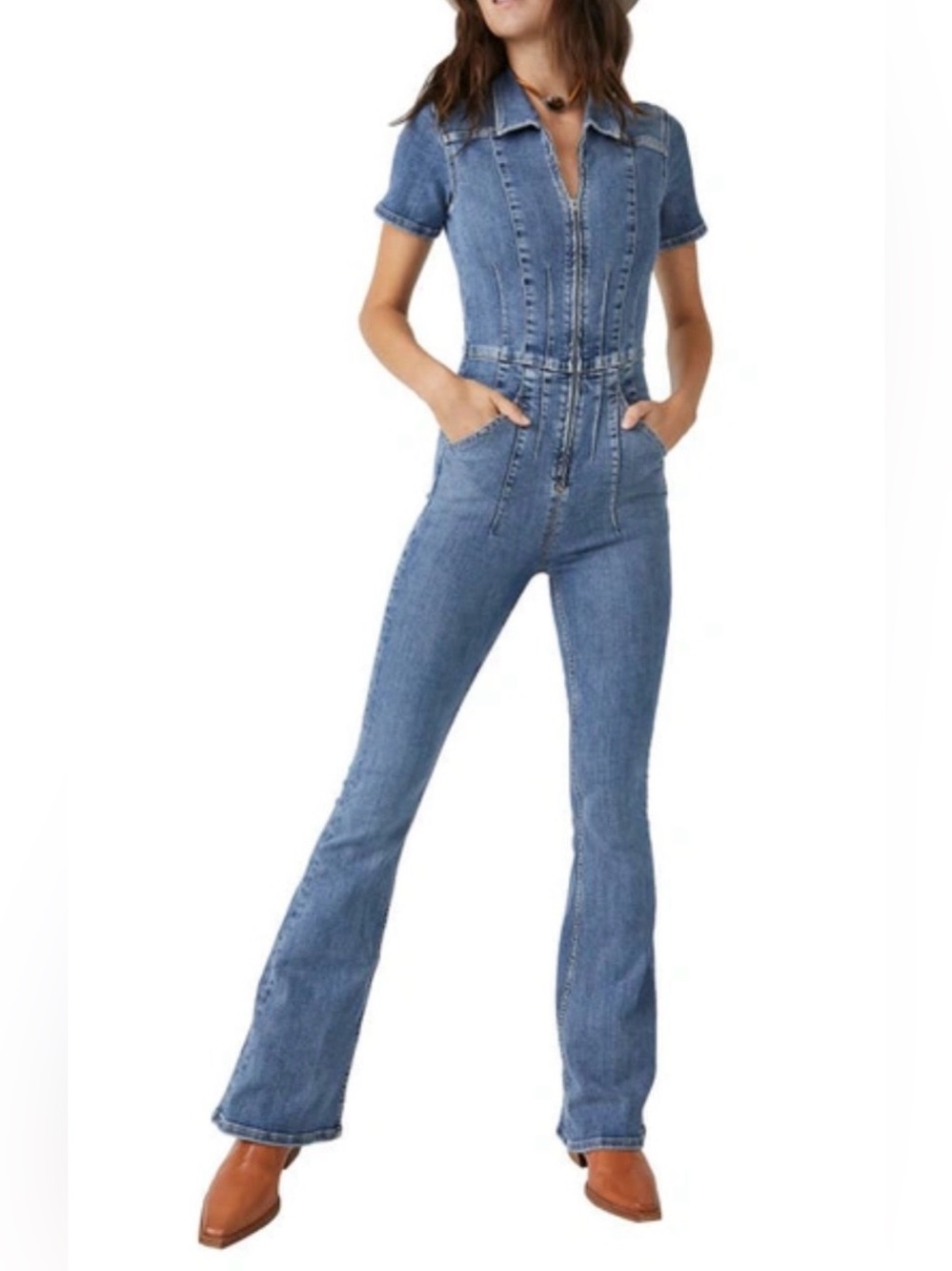 Free People Jayde Denim Flared Jumpsuit In Sunburst Blue. Size XS